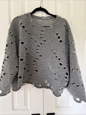 Zara Gray Distressed Crewneck Sweater